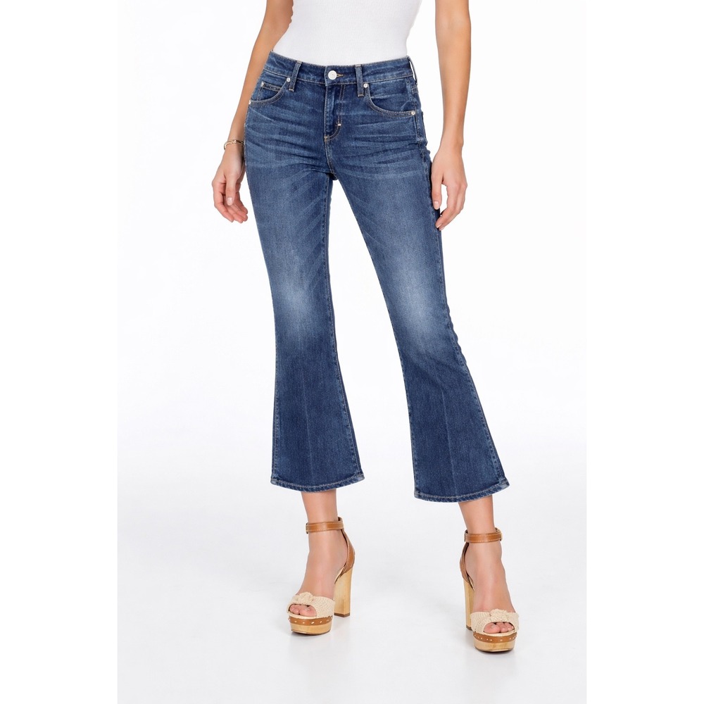 AMO‎ Jane Jeans Women 26 Cropped Blue Flare Recess Wash Stretch Denim Boho Chic